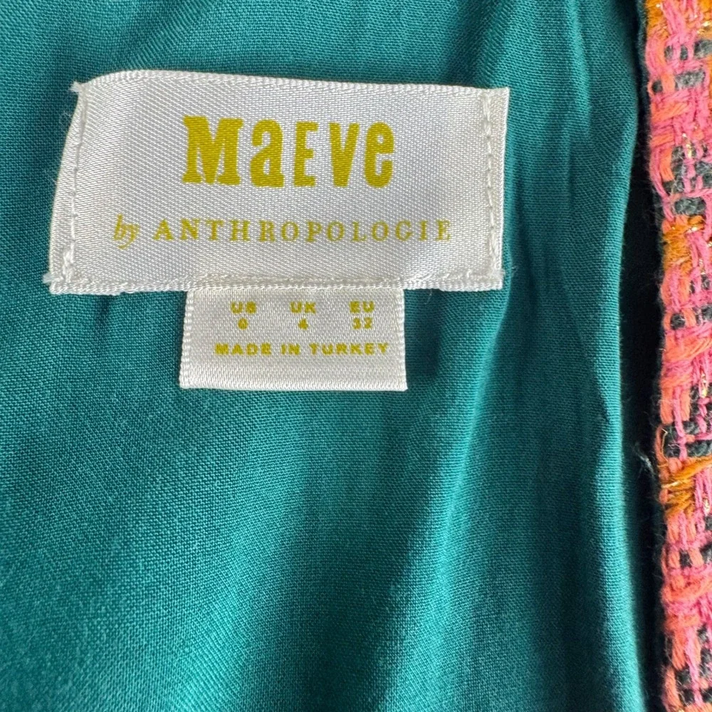 Maeve Anthropologie Pink Orange Houndstooth Tweed Shift Dress Square Neck Size 0